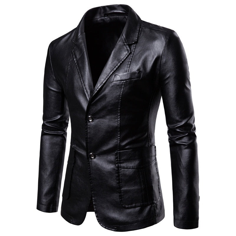 Herren Slim-Fit Kunstleder-Blazer mit Revers, Knopfleiste und aufgesetzten Taschen Drune