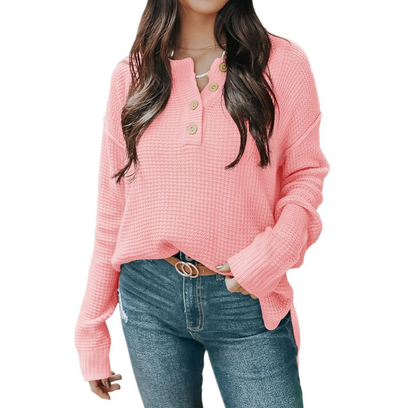 Damen nan lockerer Waffelstruktur Henley Pullover mit Knopfleiste und überschnittener Schulter Drune