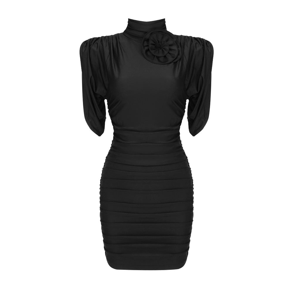 Damen figurbetontes Kleid mit hochgeschlossenem Kragen und Rüschen-Details Drune