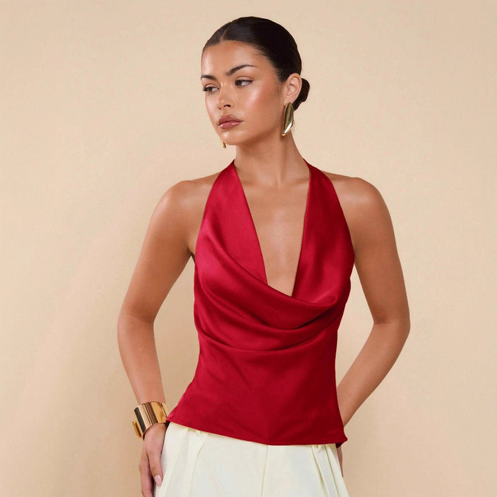 Damen Elegantes Wickeloberteil mit tiefem V-Ausschnitt und fließendem Stoff Drune
