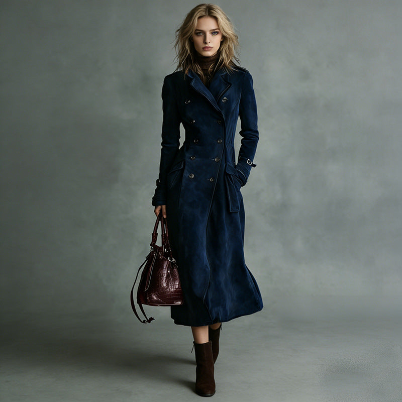 Damen Langer Taillierter Trenchcoat aus Veloursleder‑Optik mit doppelreihiger Knopfleiste und Schnallenmanschetten Drune