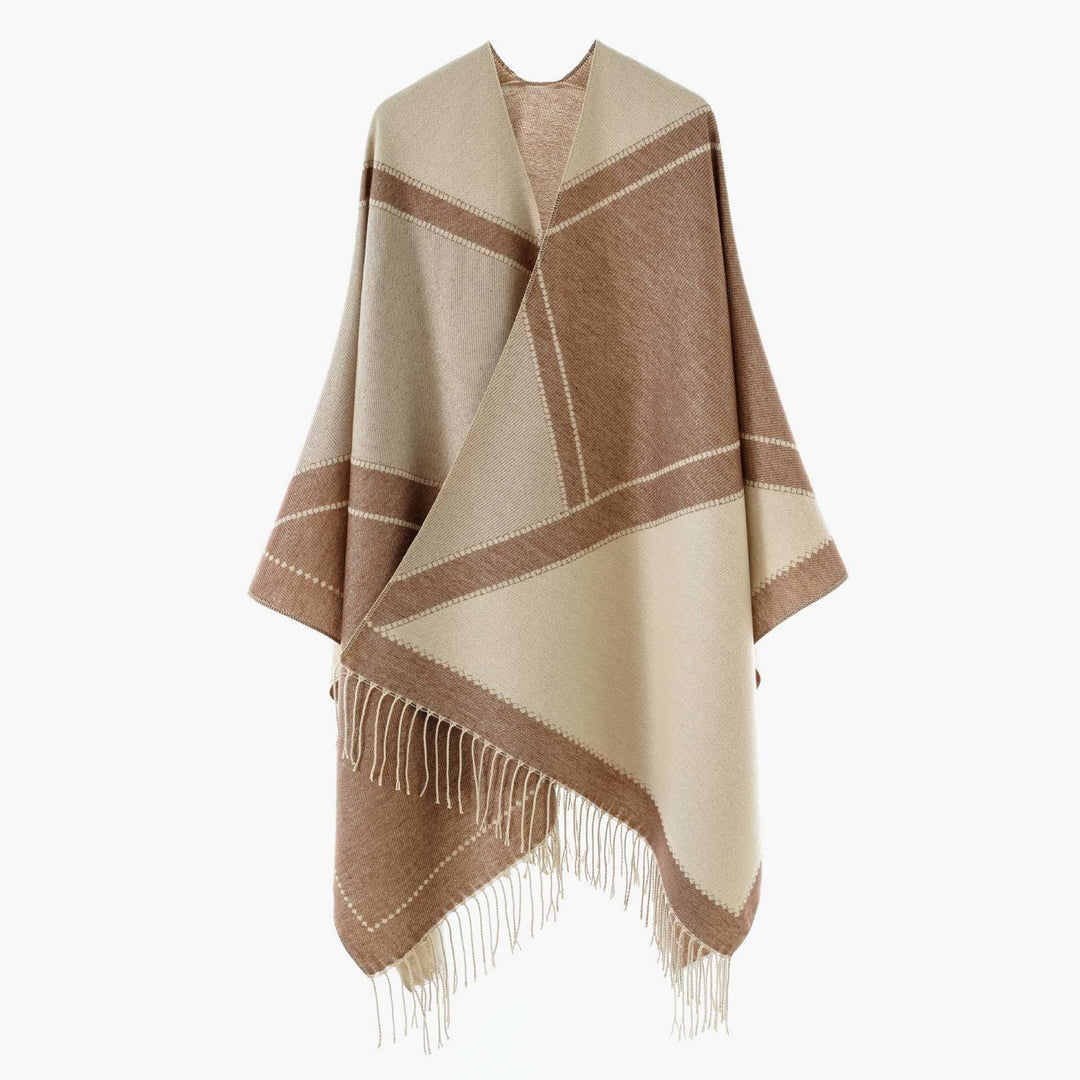 Damen Großer Wollmix Fransenponcho mit diagonalen Kontraststreifen Drune
