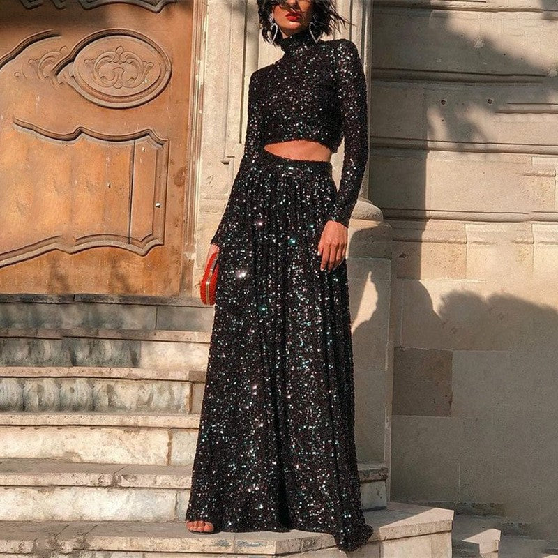 Damen nan zweiteiliges Pailletten-Abendset mit hochgeschlossenem Crop-Top und fließendem Maxirock Drune