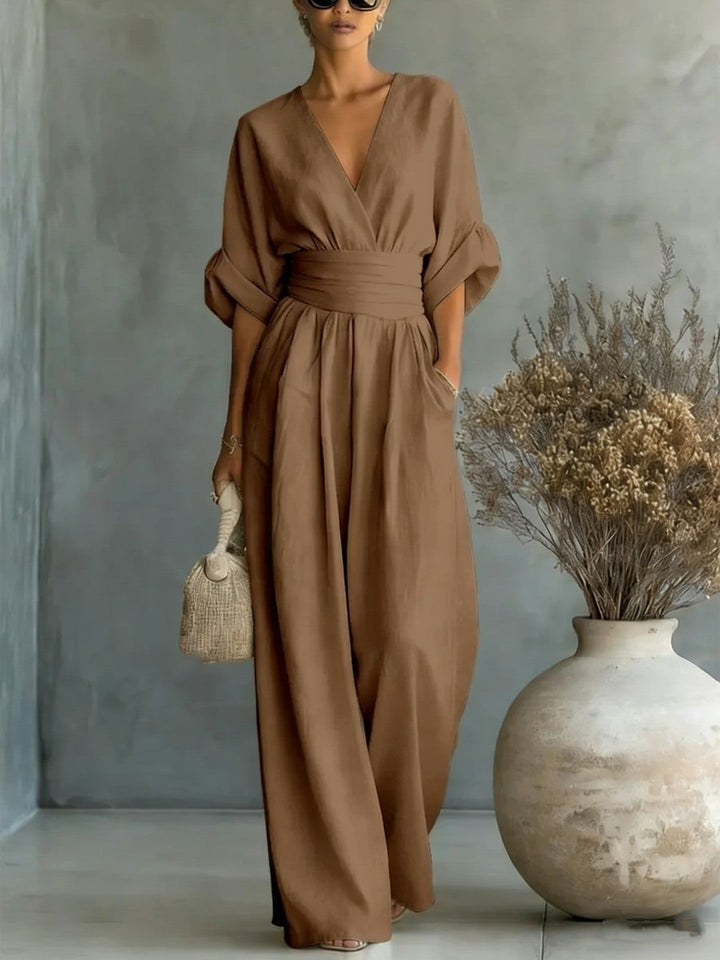 Damen Maxikleid mit V-Ausschnitt und Puffärmeln Drune