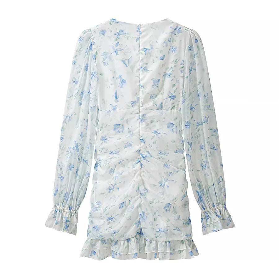 Damen nan gerafftes Chiffon Minikleid mit tiefem V-Ausschnitt Rüschen und Rosenapplikation Drune