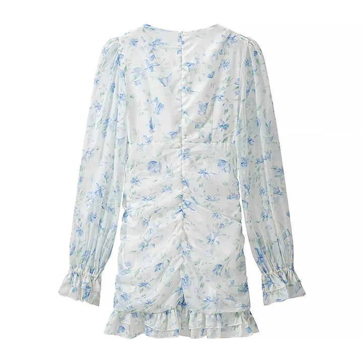 Damen nan gerafftes Chiffon Minikleid mit tiefem V-Ausschnitt Rüschen und Rosenapplikation Drune
