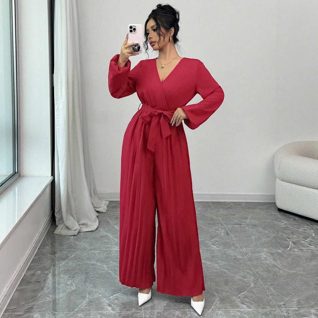 Damen Eleganter Jumpsuit mit taillierbarem Gürtel und plissiertem Schnitt Drune