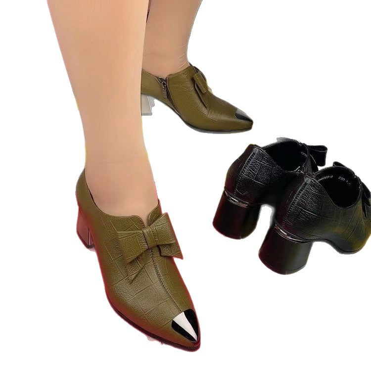 Damen nan elegante Pumps mit spitzer Metallkappe, dekorativer Schleife, seitlichem Reißverschluss und mittelhohem Blockabsatz Drune