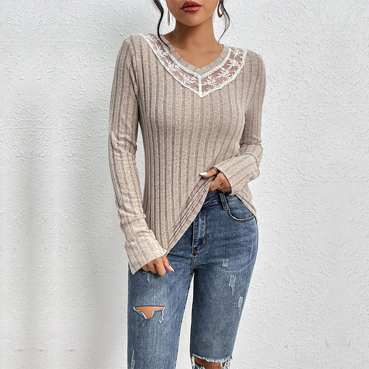 Damen Geripptes Feinstrick-Longsleeve mit V‑Ausschnitt und Spitzenpasse Drune