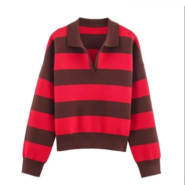 Damen nan oversized Rugby-Pullover mit Polokragen, V-Ausschnitt und breiten Streifen Drune