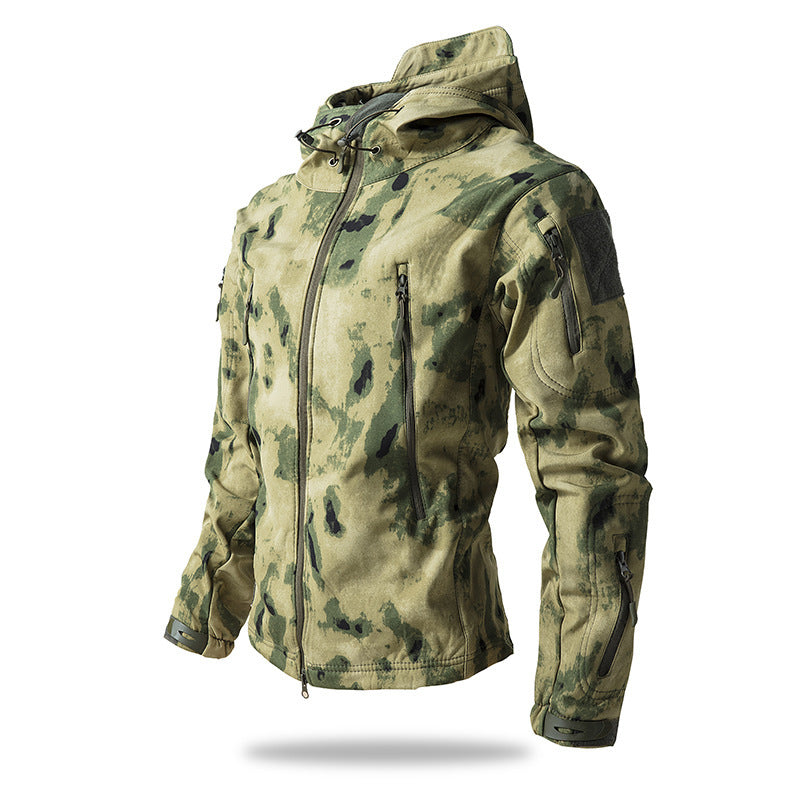 Herren Taktische Softshelljacke mit Kapuze, Tarnmuster und Mehrfach-Reißverschlusstaschen Drune