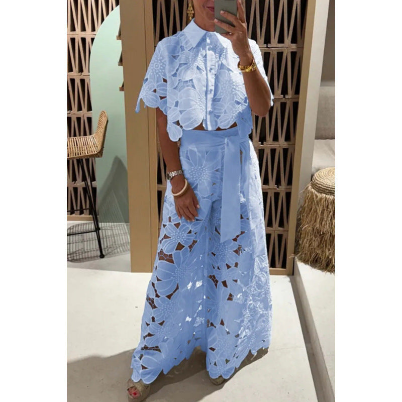 Damen Zweiteiliges Spitzen-Set mit Blumenstickerei und Palazzohose Drune