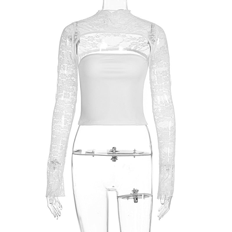 Damen Elegantes Oberteil mit transparenten Ärmeln und hochwertiger Spitze Drune