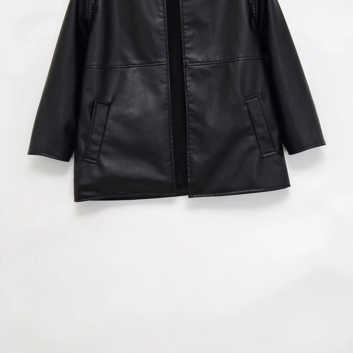 Damen kragenlose Oversize-Kunstlederjacke mit Rundhalsausschnitt Drune