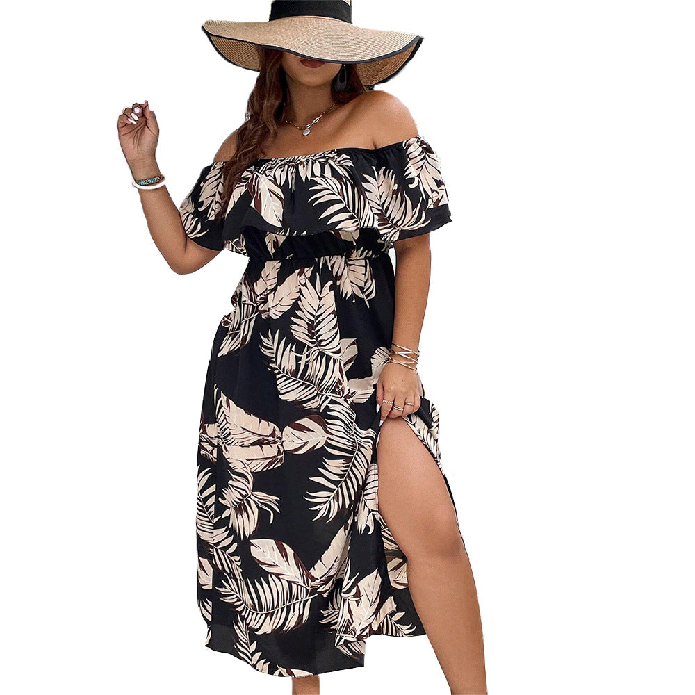 Damen Off-Shoulder Maxikleid mit raffinierten Rüschen und seitlichem Schlitz Drune