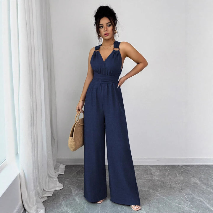 Damen Jumpsuit mit weitem Bein, tailliertem Wickelband und Ösen-Trägern Drune