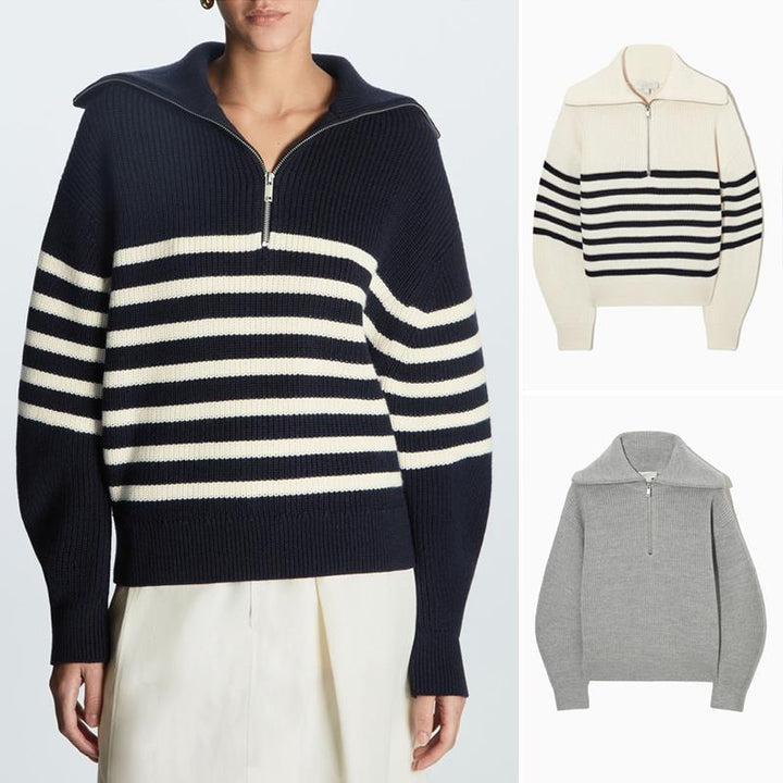 Damen Gestreifter Half‑Zip Strickpullover mit Matrosenkragen und überschnittener Schulter Drune