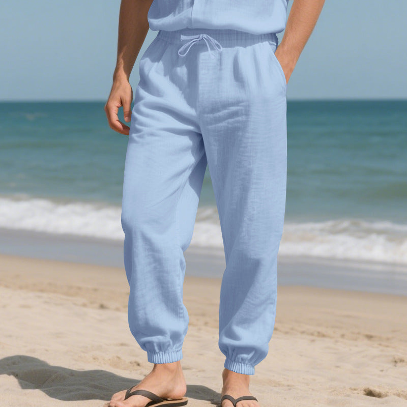 Herren Leinenoptik-Loungehose mit elastischem Bund, Kordelzug & gerippten Knöchelabschlüssen Drune