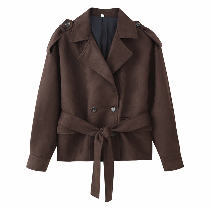 Damen Cropped Trenchjacke im Velourslook mit Bindegürtel und Schulterklappen Drune