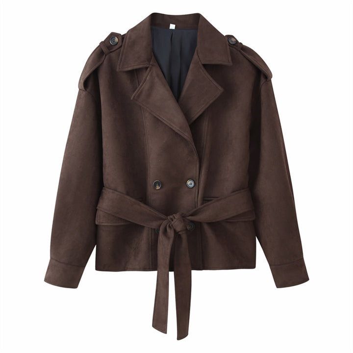 Damen Cropped Trenchjacke im Velourslook mit Bindegürtel und Schulterklappen Drune