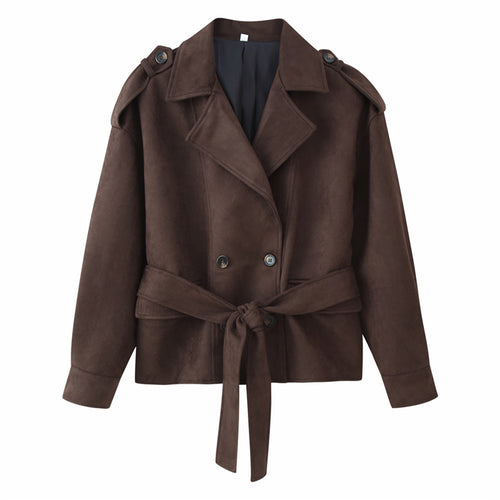 Damen Cropped Trenchjacke im Velourslook mit Bindegürtel und Schulterklappen Drune