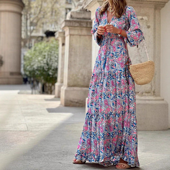 Damen Maxikleid mit floralen Mustern und modischem Taillengürtel Drune