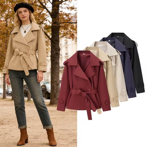 Damen Kurzgeschnittener taillierter Trenchcoat mit Bindegürtel und Schulterklappen Drune