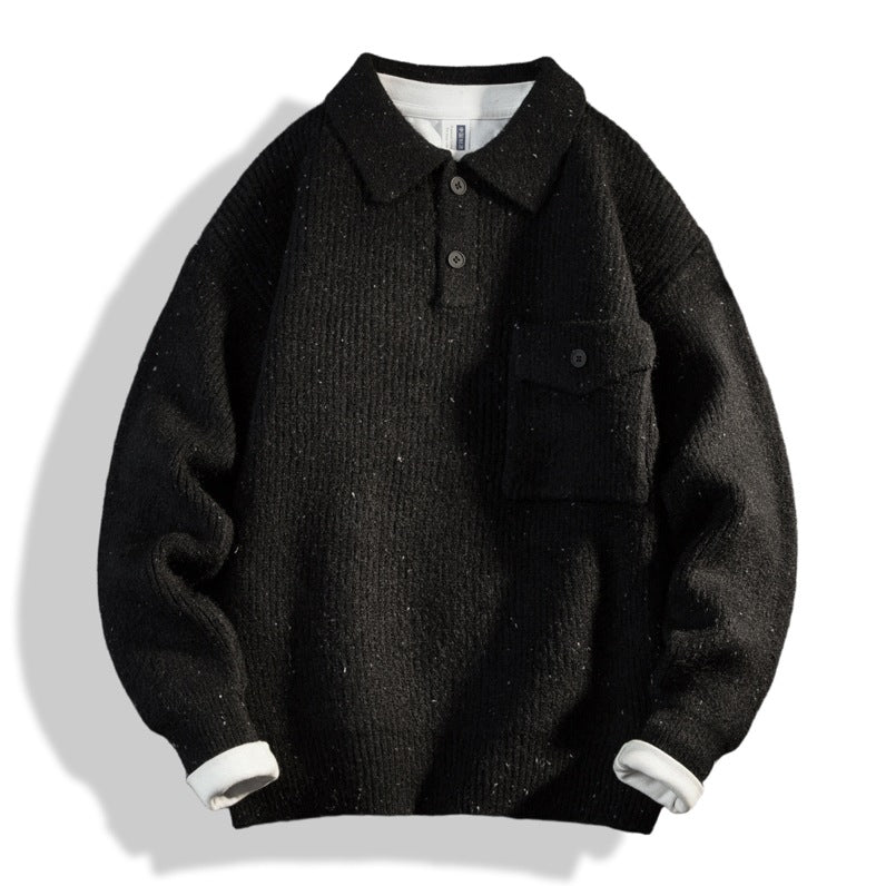 Herren Oversize-Strick-Polo mit Brusttasche & gerippter Struktur Drune