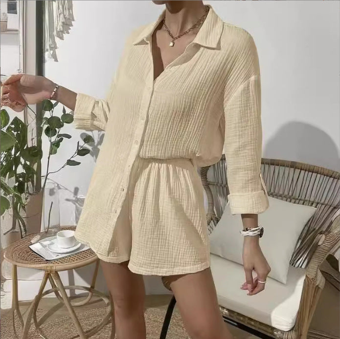 Damen nan luftig-leichter Zweiteiler Lounge-Set aus Baumwoll-Gauze mit Hemdbluse und elastischer Taillen-Shorts Drune