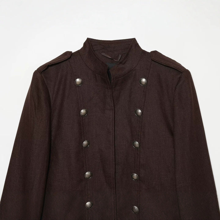 Damen Cropped Feldjacke im Militärstil mit Stehkragen, Epauletten und doppelter Zierknopfleiste Drune