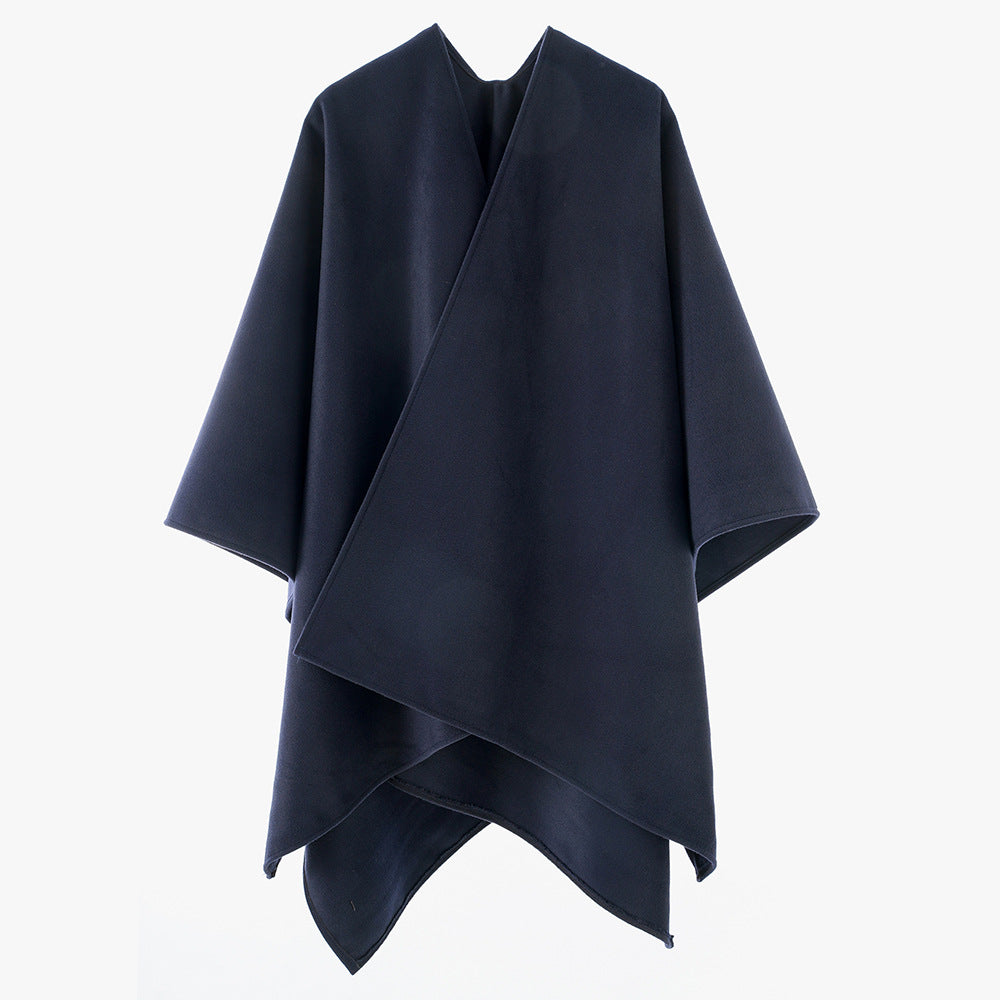 Damen Minimalistischer Wickel-Cape aus Wollmix mit V-Ausschnitt und asymmetrischem Saum Drune