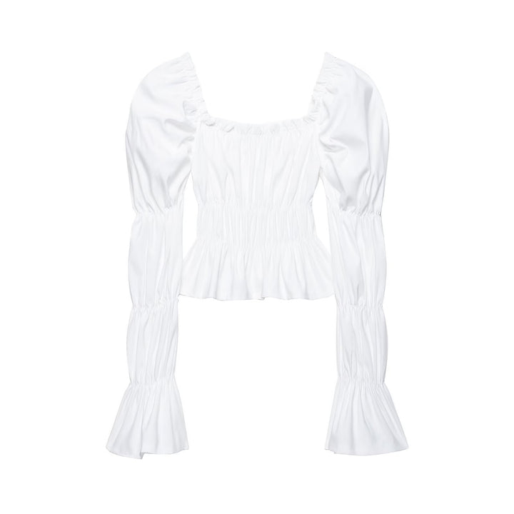 Damen Gerafftes Carmen-Crop-Top mit Puffärmeln, smockierter Taille und Stufenärmeln Drune