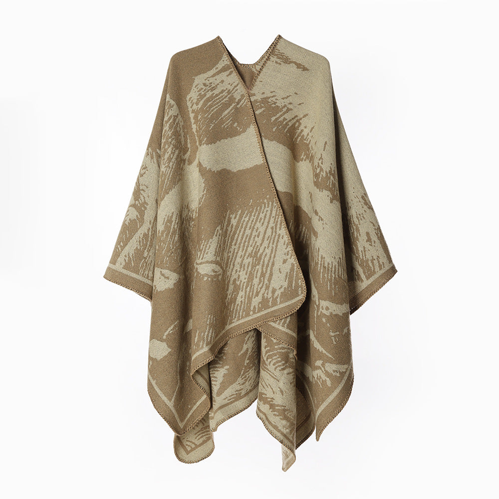 Damen Oversize‑Jacquard‑Cape mit abstraktem Naturmotiv und Kettelkante Drune