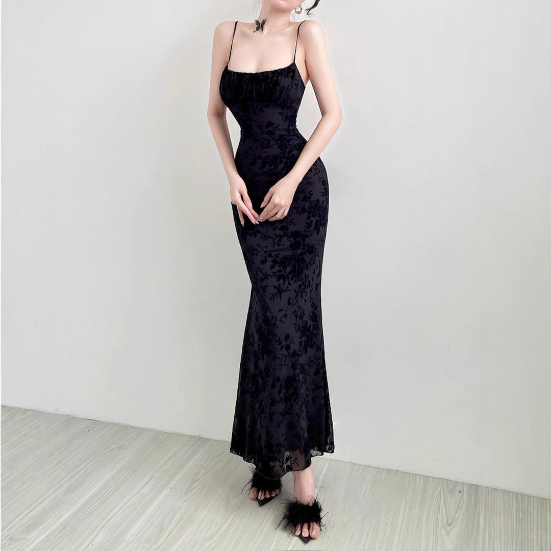 Damen Elegantes Maxikleid mit floralem Spitzenmuster und Spaghettiträgern Drune