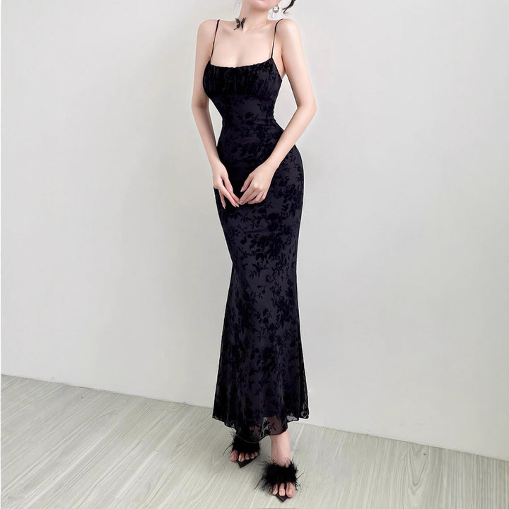 Damen Elegantes Maxikleid mit floralem Spitzenmuster und Spaghettiträgern Drune