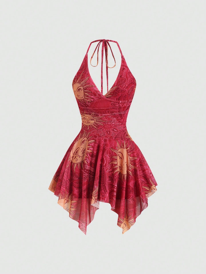 Damen lässiges Strandkleid mit asymmetrischem Saum und raffiniertem Druck Drune