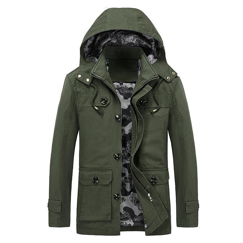 Herren mittellange Canvas-Fieldjacke mit Kapuze, Cargo‑Taschen und Camouflage‑Innenfutter Drune