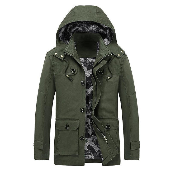 Herren mittellange Canvas-Fieldjacke mit Kapuze, Cargo‑Taschen und Camouflage‑Innenfutter Drune