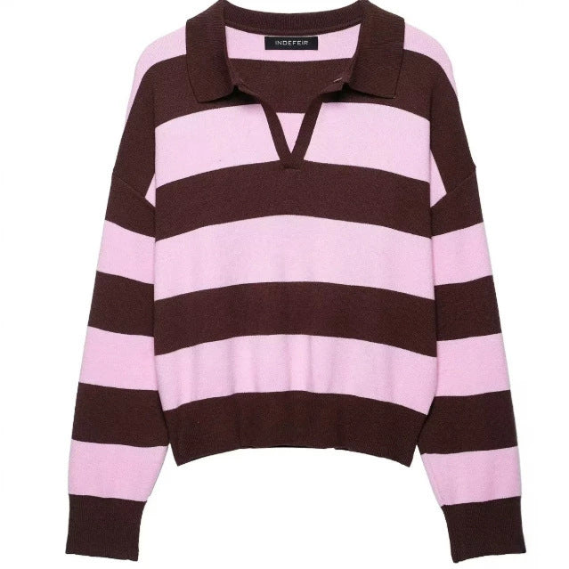 Damen Cropped Rugby-Strickpullover mit Kentkragen und V‑Ausschnitt Drune