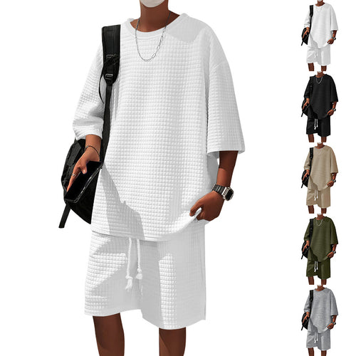 Herren nan quadratstruktur Freizeitset mit oversized Rundhalsshirt und knielangen Relax-Shorts Drune
