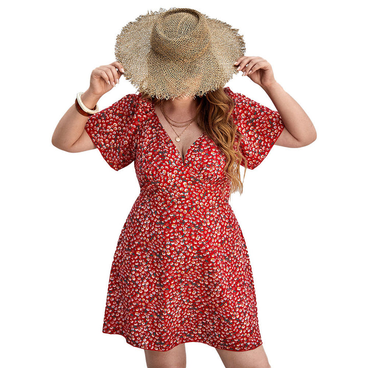 Damen Blütensommerkleid mit V-Ausschnitt und lockeren Ärmeln Drune
