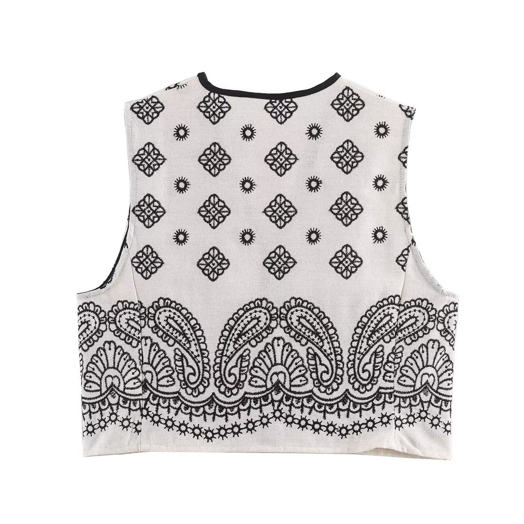 Damen Ärmellose bestickte Weste mit Paisley‑Motiv und Perlmuttknopfleiste Drune