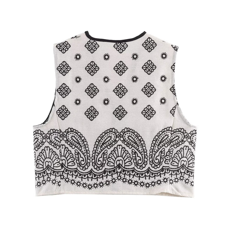 Damen Ärmellose bestickte Weste mit Paisley‑Motiv und Perlmuttknopfleiste Drune