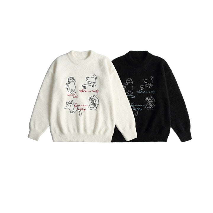 Damen Weicher Pullover mit verspielter Katzenstickerei und leichtem Stehkragen Drune