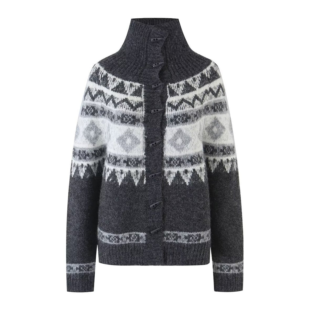 Damen Strickjacke mit durchgehendem Reißverschluss, Rippkragen und Norweger-Muster Drune