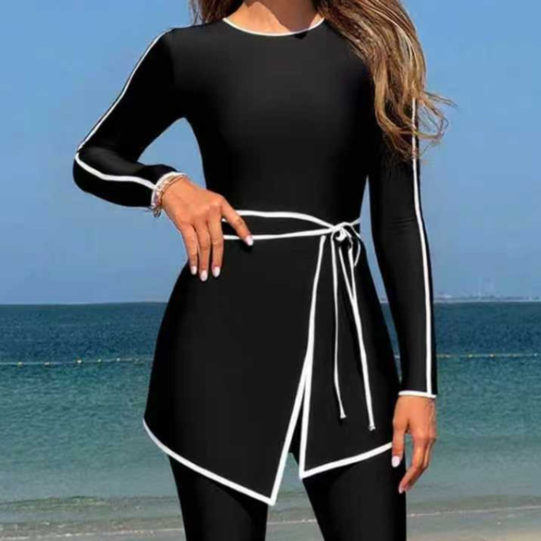 Damen modischer Langarm-Schwimmanzug mit Wickelrock Drune