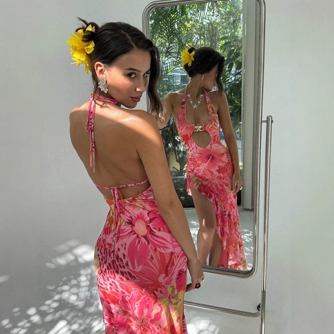 Damen Maxikleid mit elegantem Cut-Out-Design und floralen Akzenten Drune