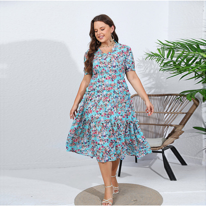 Damen Midikleid mit verspieltem Blütenmuster und voluminösem Rock Drune