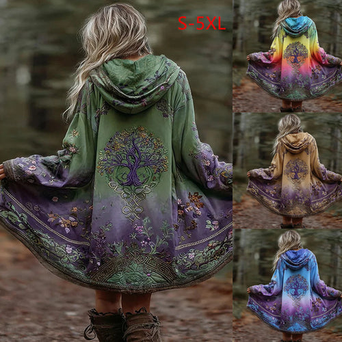 Damen Boho Kapuzenmantel im Schwung-Schnitt mit Baum-Motiv und Farbverlauf Drune