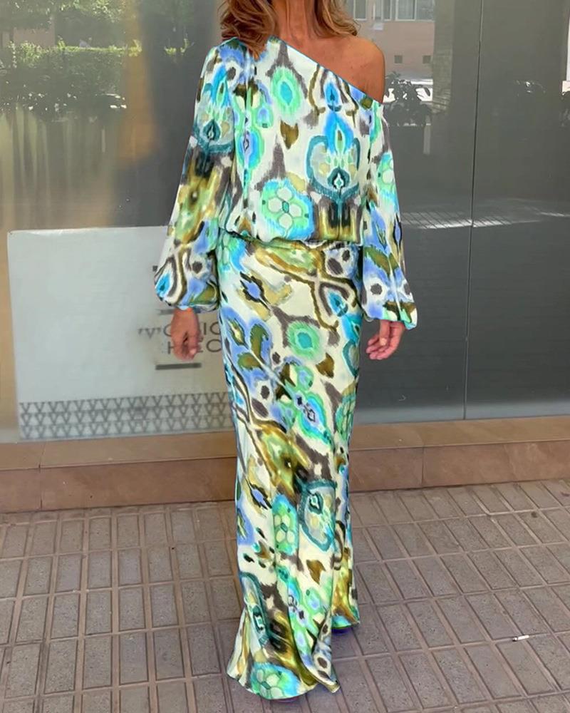 Damen Maxikleid mit asymmetrischer Ein-Schulter, fließendem Satin und Glockenärmeln Drune
